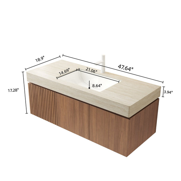 English Elm MURI Wall-Mounted 48" Bathroom Vanity with Durable Sintered Stone Top, Ceramic Basin, Soft-Close Beige,Brown Oak W2615S00224