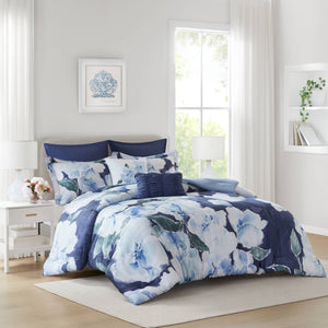 English Elm 7-piece Queen Comforter Set Cotton Print Bedding with Euro Shams and Embroidered Pillows Blue Multi B035P482949