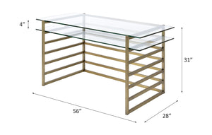 English Elm Shona Tempered Glass Writing Desk with Antique Brass Sled Base for Modern Offices B2726P457136