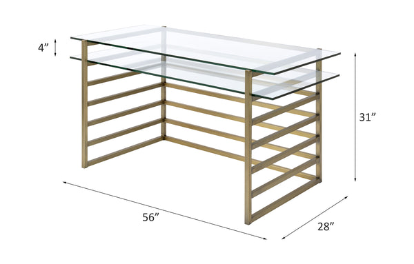 English Elm Shona Tempered Glass Writing Desk with Antique Brass Sled Base for Modern Offices B2726P457136