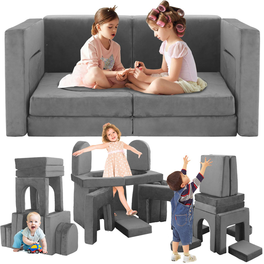 English Elm 12 Piece Modular Foam Play Couch Set Velvet Convertible Sofa Fort for Kids Playroom Dark Gray T5880P493404