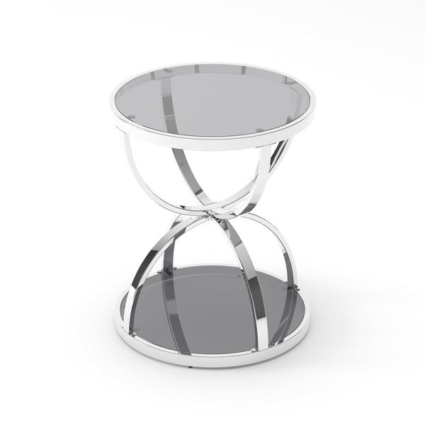 English Elm 19.69'' Round Chrome Side Table Dual Tier Gray Tempered Glass Glam Modern Accent W757P412806