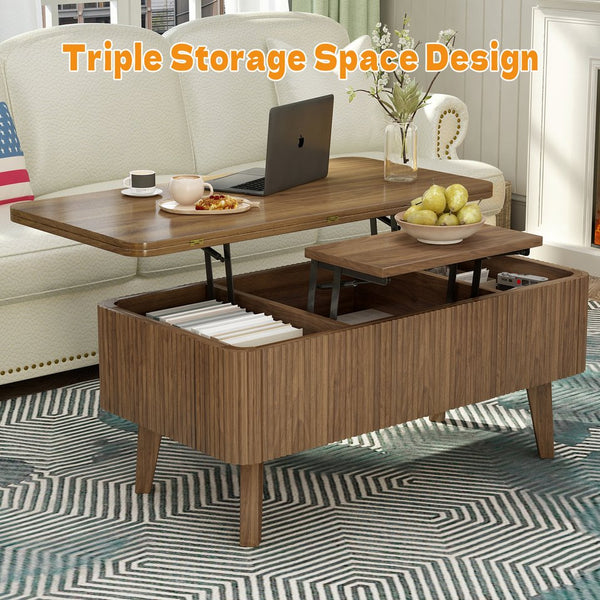 English Elm 3 in 1 Oval Lift Top Coffee Table Fluted Wood Storage Converts for Living Room W2641P422965