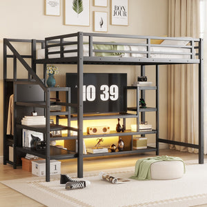 English Elm Full Size Metal Loft Bed With Integrated Tv Stand, Staircase & Wardrobe - Perfect For Kids & Teens! W2593S00012