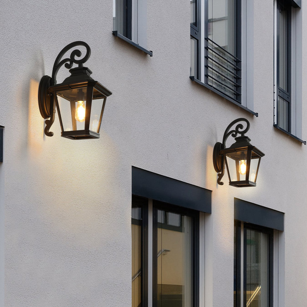 English Elm 14" Vintage Farmhouse Outdoor Wall Sconces 2 Pack Matte Black Aluminum Clear Glass W2312P415973
