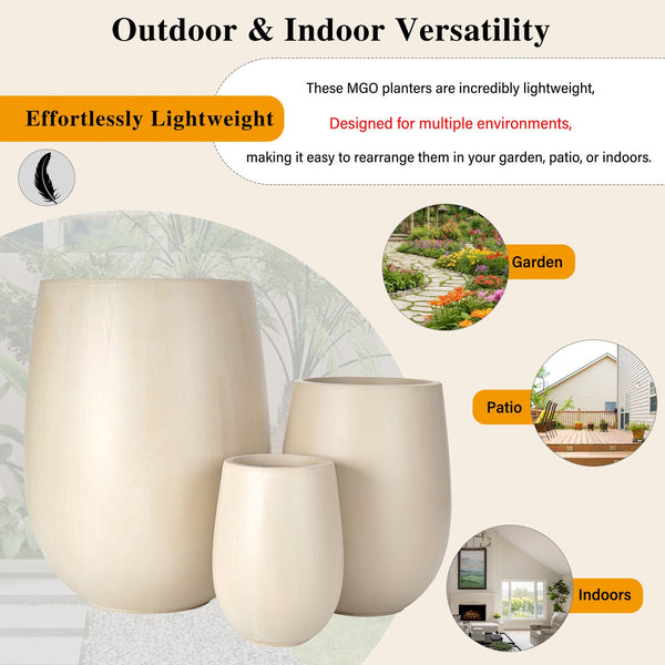 English Elm U_style Mgo Round Planter Set of Three Graduated Sizes for Patio and Indoor Decor N711P406658A