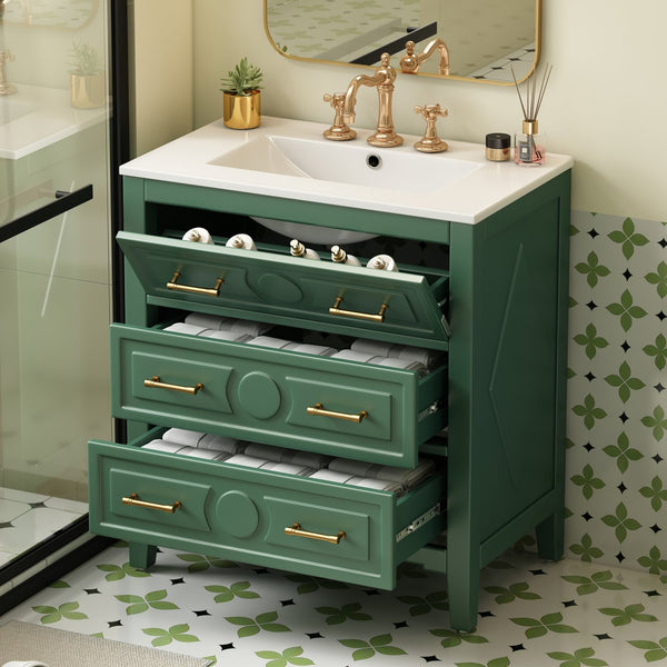 English Elm 30'' Bathroom Vanity with Ceramic Sink, Solid Wood Frame Retro Style Vanity with 3 Drawers & Gold Handles Green N710P246209F