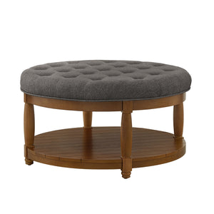 English Elm Large Tufted Linen Round Ottoman with Wood Shelf Neutral Footrest for Living Rooms W2186P400510