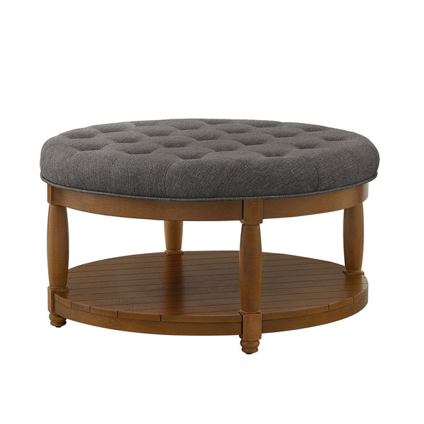 English Elm Large Tufted Linen Round Ottoman with Wood Shelf Neutral Footrest for Living Rooms W2186P400510