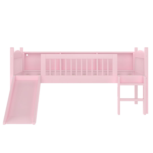 English Elm Twin Low Loft Bed Solid Pine Frame with Built-in Led Lighting and Storage Shelves Pink W1580P395929