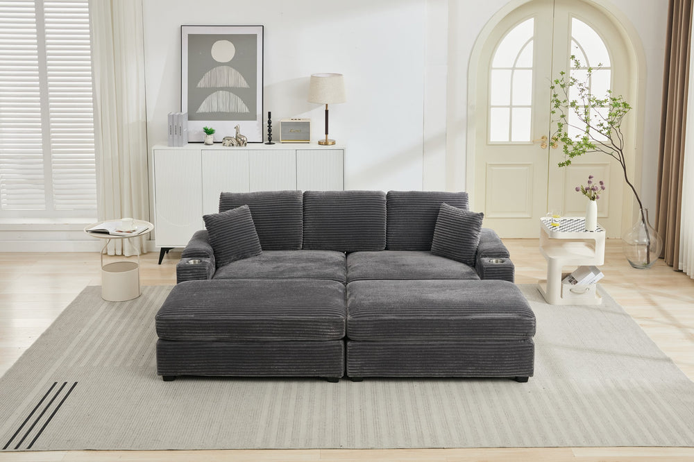 English Elm Corduroy Upholstered Chaise Lounge Sofa with Movable Ottoman, Cup Holder, Deep Seat Comfort Grey W2120S00007