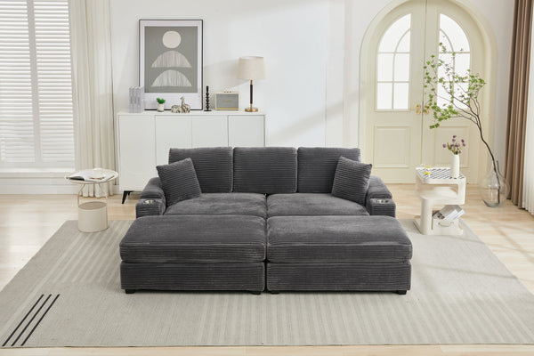 English Elm Corduroy Upholstered Chaise Lounge Sofa with Movable Ottoman, Cup Holder, Deep Seat Comfort Grey W2120S00007