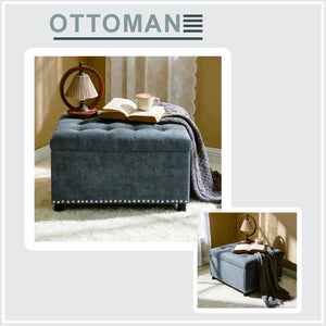English Elm Storage Ottoman Tufted Nailhead Trim Lift Top Footstool for Living Room or Bedroom Light Gray W5568P447080