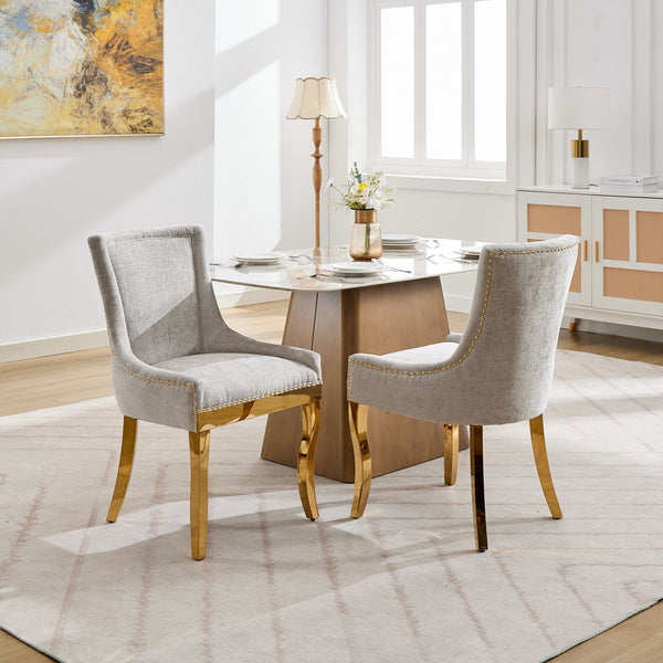 English Elm Chenille Plush Dining Chair with Curved Gold-Plated Legs, Rivet Trim, Textured Upholstery Comfort Beige W1143P332684