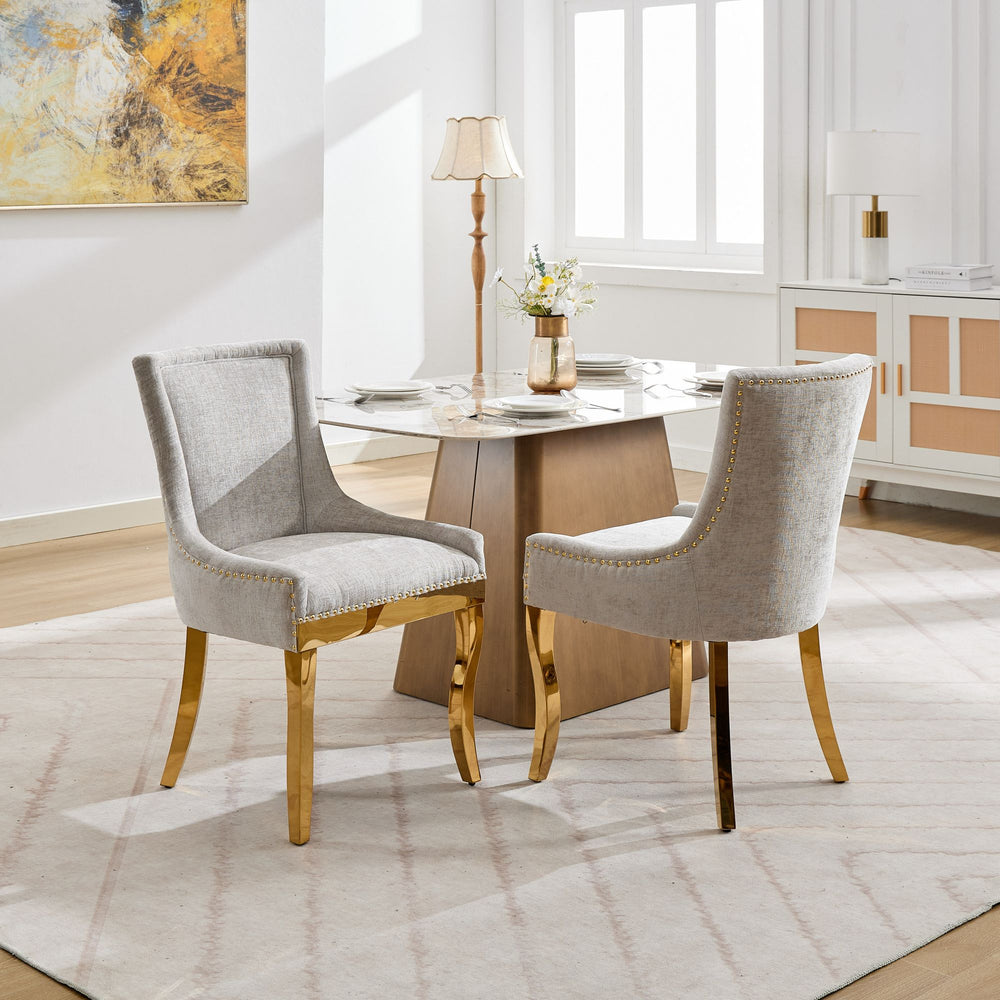English Elm Chenille Modern Dining Chair with Curved Gold-Plated Legs, Rivet Trim, Textured Upholstery Comfort Beige W1143P332684