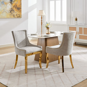 English Elm Chenille Modern Dining Chair with Curved Gold-Plated Legs, Rivet Trim, Textured Upholstery Comfort Beige W1143P332684
