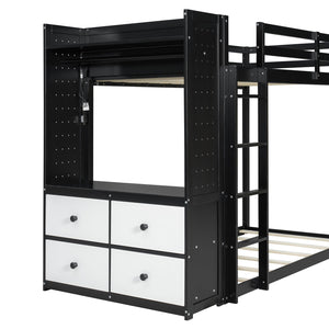 English Elm Twin Bunk Bed with Storage Drawers Hanging Rail Led Shelves and Pegboard Organizer Black LT000282AAB
