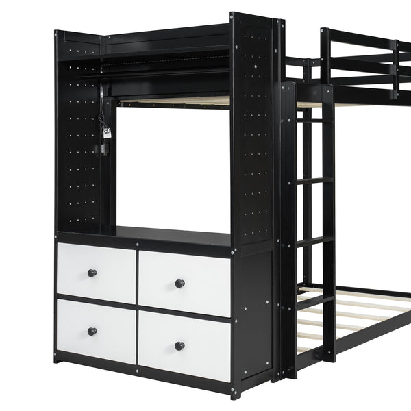 English Elm Twin Bunk Bed with Storage Drawers Hanging Rail Led Shelves and Pegboard Organizer Black LT000282AAB