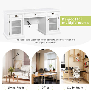 English Elm 67" White Executive Desk with Cabinet Storage Drawers and Usb Ports for Home Office N751S415499K