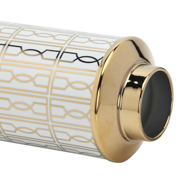 English Elm Elegant White Ceramic Ginger Jars Set Of 2 With Gold Geometric Design For Chic Home Decor Storage B030S00079