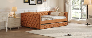 English Elm Full XL Upholstered Daybed with Trundle and Built-In LED Lighting, Tufted Arms, Solid Wood Frame Brown N7090000611D