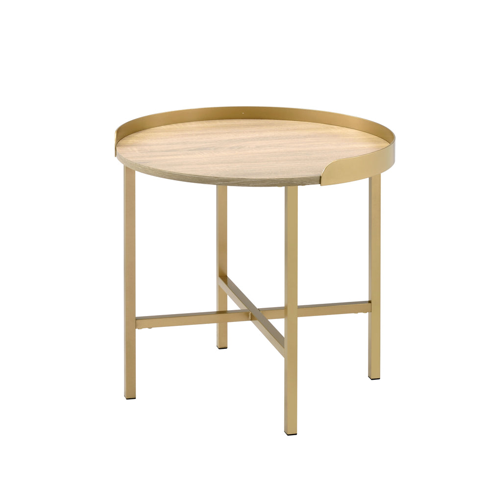 English Elm Modern Round Coffee Table with Cross-Bar Metal Base and Chic Metallic Finish for Elegant Living Spaces Gold,Oak 26 L x 26 W x 7 H B2741P337026