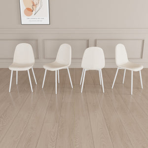 English Elm Dining Chair Set of 4 Beige Linen Upholstered Spoon-Shape Seats with White Metal Legs, Mid-Century Modern Comfort and Floor-Protecting Pads W2189P190477