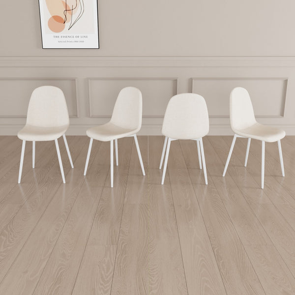 English Elm Dining Chair Set of 4 Beige Linen Upholstered Spoon-Shape Seats with White Metal Legs, Mid-Century Modern Comfort and Floor-Protecting Pads W2189P190477