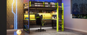 English Elm Twin Loft Bed with Rgb Lighting Usb Ports Wraparound Shelves and Gaming Desk Green LT000298AAF