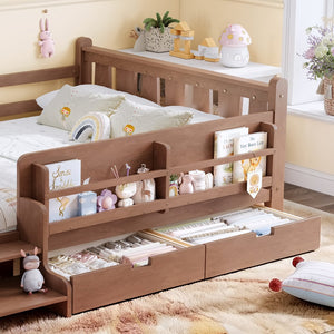 English Elm Twin Kids Platform Bed with Trundle Staircase Bookshelf and Rounded Safety Rails Natural W1580S00540
