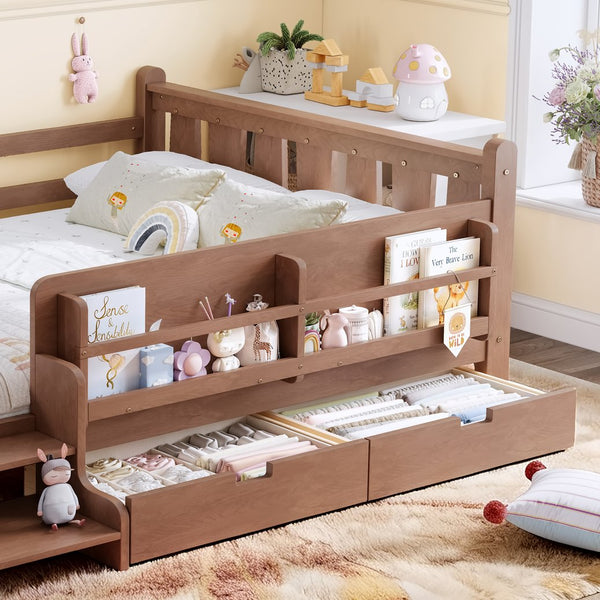 English Elm Twin Kids Platform Bed with Trundle Staircase Bookshelf and Rounded Safety Rails Natural W1580S00540