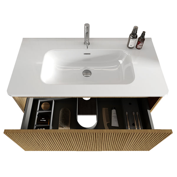 English Elm U088-Etna36W-306 Striped Natural Oak Floating Vanity with Glossy White Integrated Sink, Push-Open Drawer, Curved Safety Edges W1865P293618