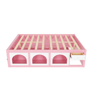 English Elm Queen Storage Platform Bed with Led Lighting Bookshelf Display Cabinet and Pull-out Drawer Pink+White N820S00078H