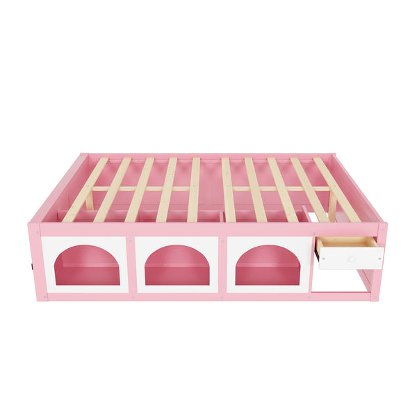 English Elm Queen Storage Platform Bed with Led Lighting Bookshelf Display Cabinet and Pull-out Drawer Pink+White N820S00078H