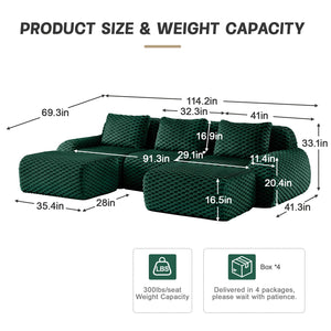 English Elm 114" U-shaped Modular Sectional Flannelette Sofa Oversized Lounge with Movable Ottoman Green W714S01527