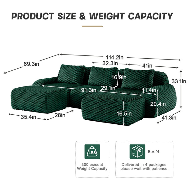 English Elm 114" U-shaped Modular Sectional Flannelette Sofa Oversized Lounge with Movable Ottoman Green W714S01527