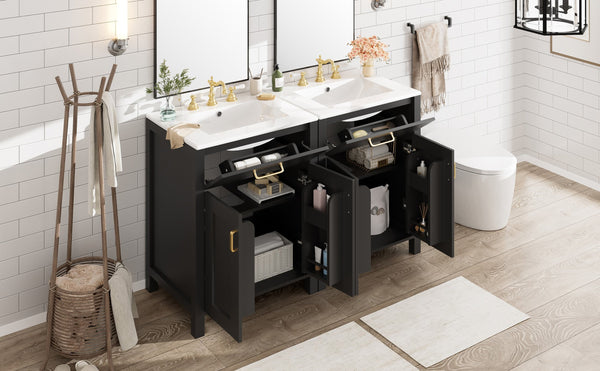 English Elm Modern 48 Inch Freestanding Bathroom Vanity Dual Ceramic Sinks Soft Close Gold Handles Black N729P000008B