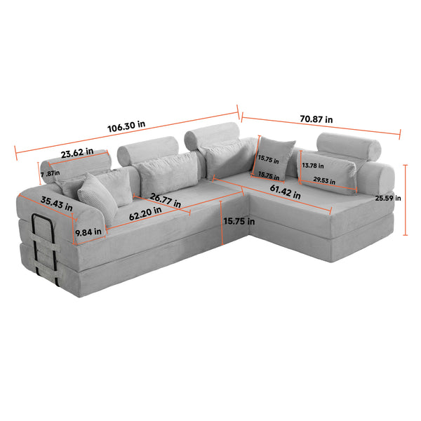 English Elm L Shaped Corduroy Sectional Sofa Converts to Sleeper Bed Space Saving Modular Couch Green W5532S00005