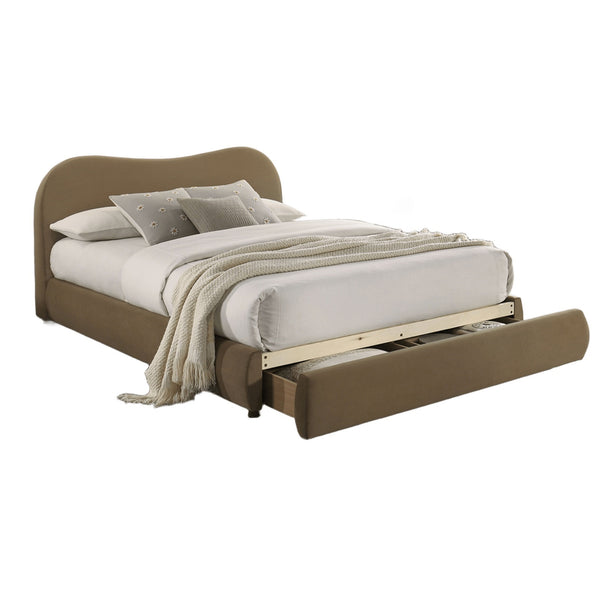 English Elm Beautiful Curved Upholstered Queen Bed with Built-In Footboard Drawer, Solid Wood Frame, Elegant Upholstery Brown 40 L x 21 W x 15 H B2741S00715