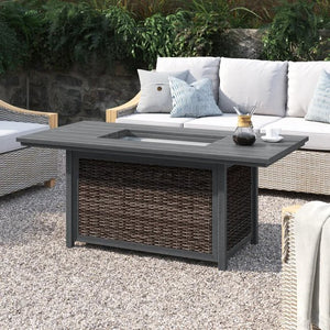 English Elm Aluminum/Wicker 62" Outdoor Propane Fire Pit Table in Espresso — 50" Fire Bowl, Rust-Resistant Aluminum, Covered Lid, Hidden Tank, Stylish Patio centerpiece B120P205639