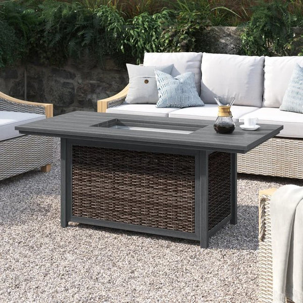 English Elm Aluminum/Wicker 62" Outdoor Propane Fire Pit Table in Espresso — 50" Fire Bowl, Rust-Resistant Aluminum, Covered Lid, Hidden Tank, Stylish Patio centerpiece B120P205639