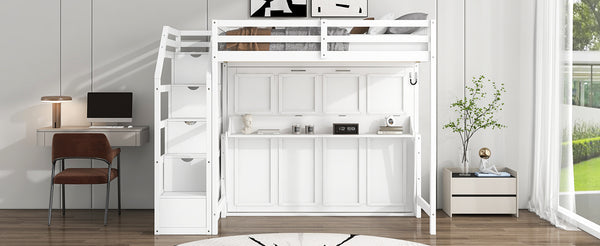 English Elm Full XL Loft Bed with Storage Staircase & Murphy Bed, Solid Pine, LED Light, Space-Saving White N7090004017K