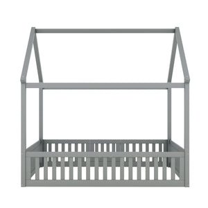 English Elm Full Size Pine House Bed with Pitched Roof Fence and Door for Kids Playroom WF531502AAE
