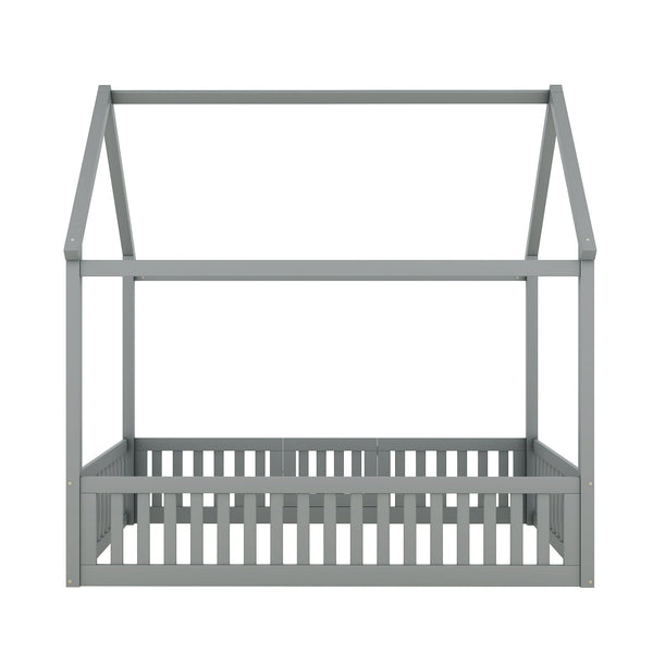 English Elm Full Size Pine House Bed with Pitched Roof Fence and Door for Kids Playroom WF531502AAE
