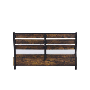 English Elm Juvanth Rustic Oak & Black Panel King Bed with Metal Slat Mesh Support — Industrial Rustic Centerpiece Oak 81.5 L x 30.12 W x 5.51 H B2726S00111