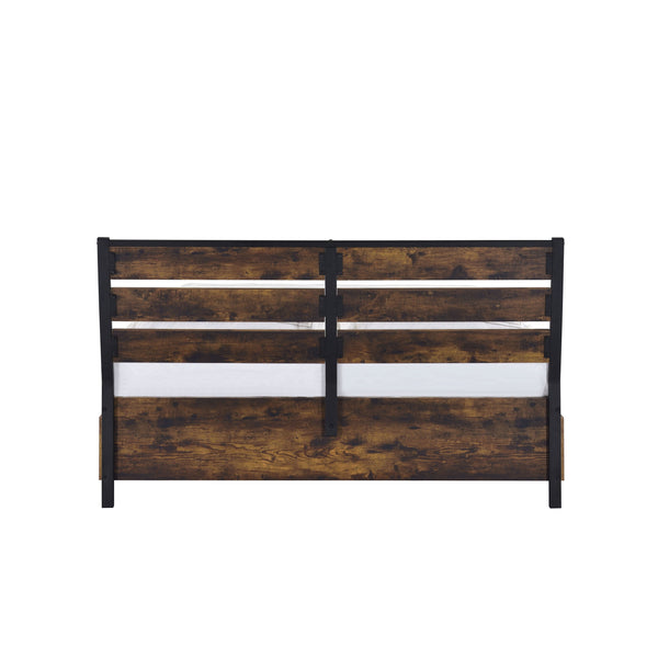 English Elm Juvanth Rustic Oak & Black Panel King Bed with Metal Slat Mesh Support — Industrial Rustic Centerpiece Oak 81.5 L x 30.12 W x 5.51 H B2726S00111