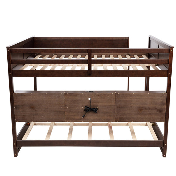 English Elm Queen Over Queen Floor Bunk Bed with Built-In Storage Shelves, USB Charging Station, Solid Pine Frame, Safety Rails and LadderDesigned for Space Saving and Modern Bedrooms Brown W504S00239