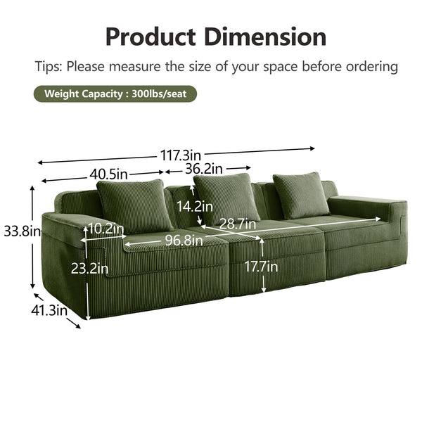 English Elm Modular 3-Seat Boneless Sofa - Luxurious Cloud Sectional Couch In Soft Green Corduroy Fabric W3041S00331