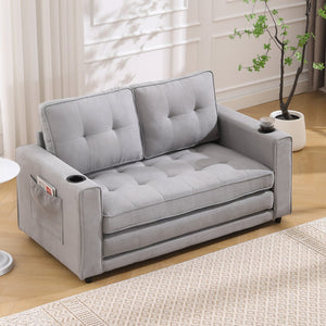 English Elm {VIDEO 3-in-1 Upholstered Futon Sofa Bed Convertible Loveseat with Tufted Back, Cup Holders & Side Pockets Light Gray W2325P183182