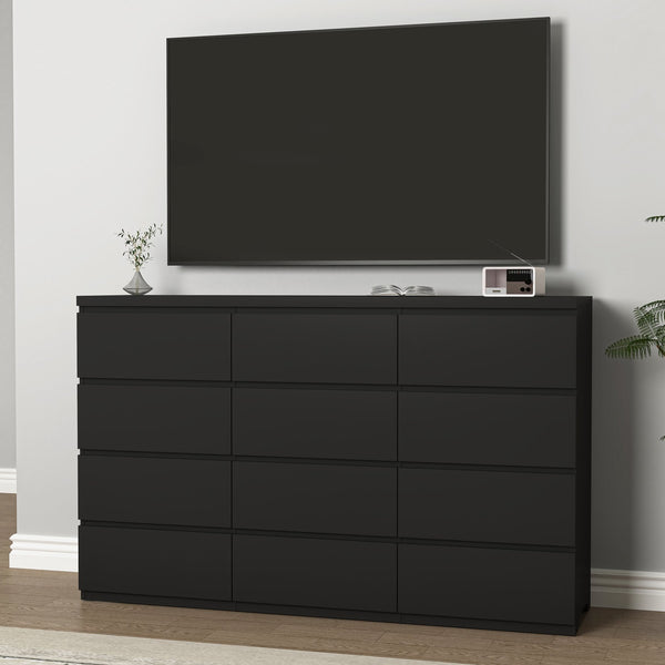 English Elm 12 Drawer Wide Double Dresser Modern Symmetrical Wood Storage Chest for Bedroom Black W409S00016